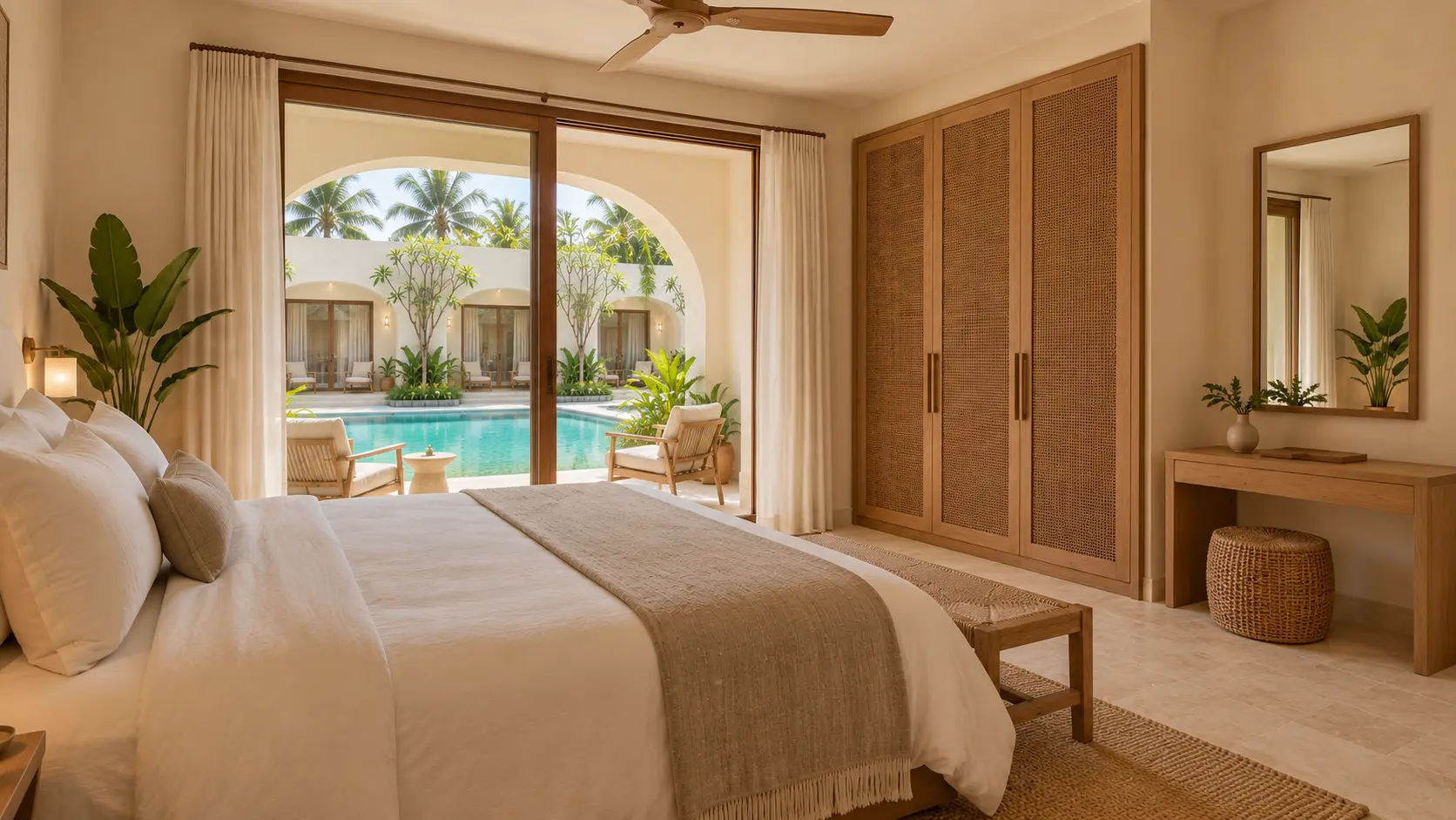 Artist's impression of a suite with pool view and woven wardrobe doors