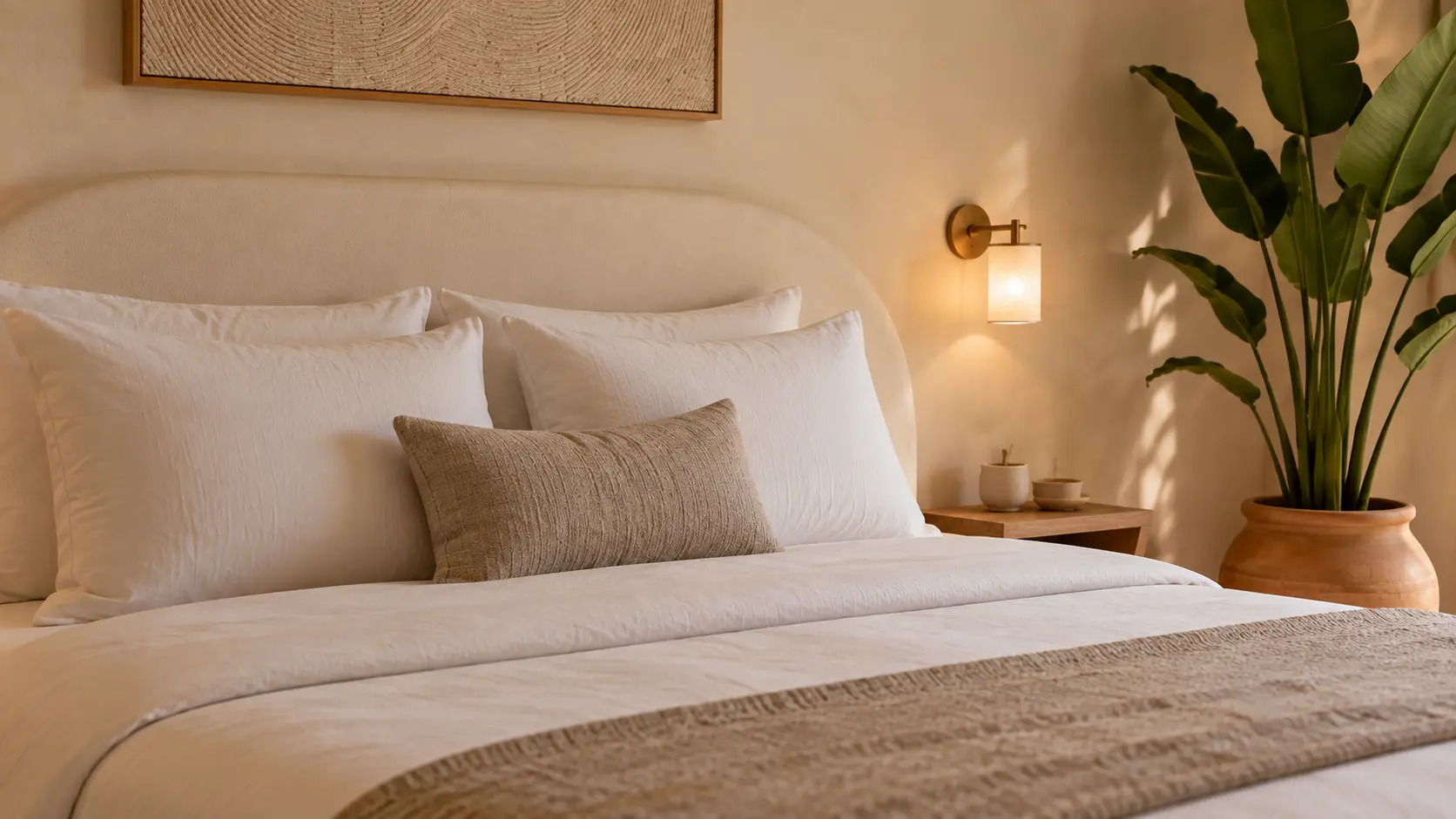 Close artist's impression of the Tropical Condo bed and natural materials